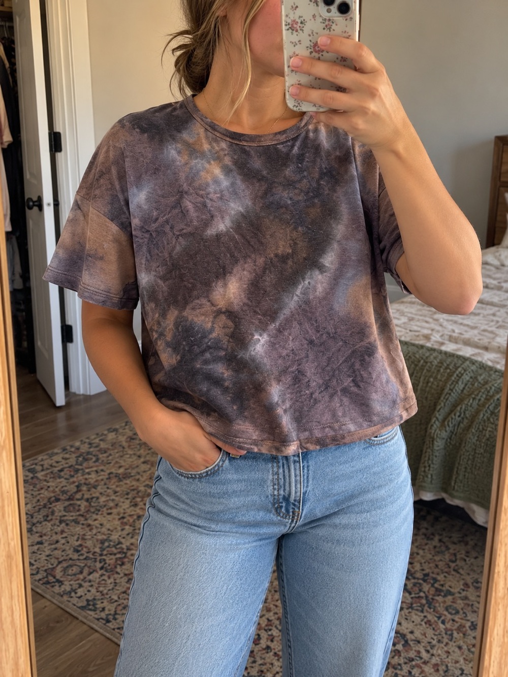 Brown Tie-Dye Cropped Short Sleeve Tee